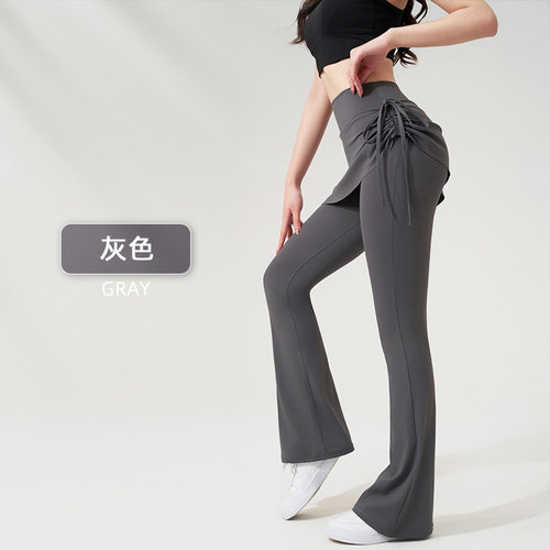裸感瑜伽喇叭裤女假两件裙裤高腰提臀紧身防走光普拉提运动健身裤 - 图2
