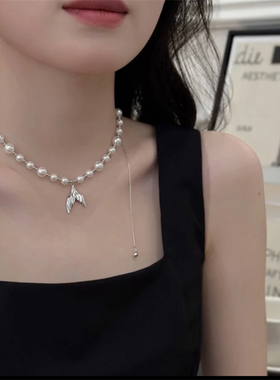 夏季新款抽拉可调节鱼尾珍珠项链