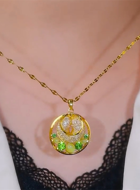 新款绿色锆石猫眼石平安扣项链女