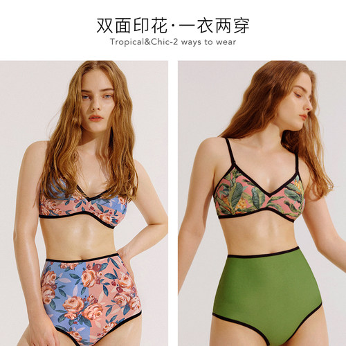 visual mood泳衣女法式小众新款双面印花性感显瘦分体比基尼套装 - 图0