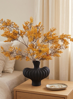 中古风黑色陶瓷花瓶客厅玄关桌面插花花器黄色仿真花艺软装装饰