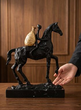 中古风黑色骑马人物摆件客厅玄关电视柜艺术雕塑高级感家居软装