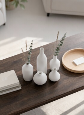 侘寂风白色陶瓷几何花瓶摆件