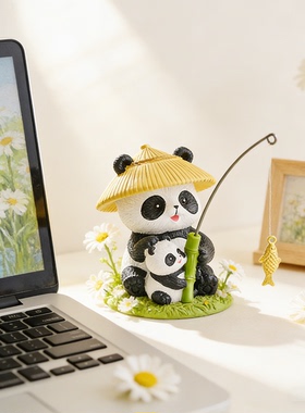 可爱熊猫母子钓鱼桌面摆件治愈