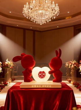 结婚兔子长明灯红色喜字装饰摆件