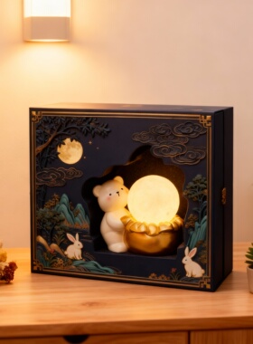 国潮小熊兔子夜灯树脂摆件礼盒