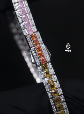 wbj定制珠宝7mmT方彩虹手链 s925 银镀金饰品Tennis bracelet