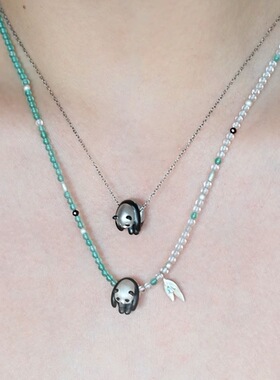 FANYU帆语原创国潮中式慵懒熊猫925银手工烧白做旧绿玛瑙银镀金