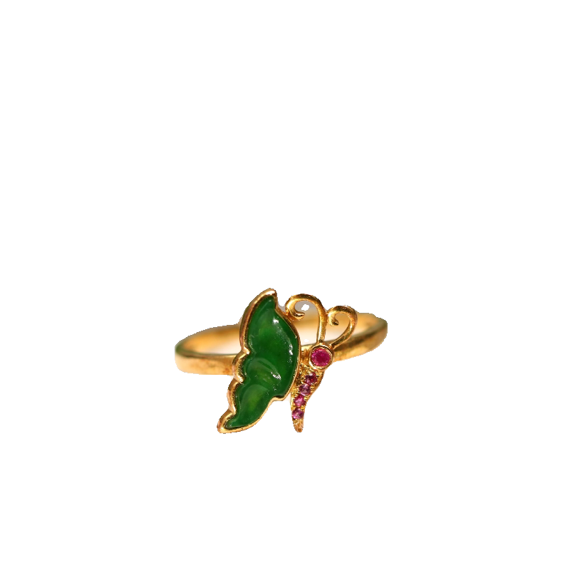 Ice full of green natural grade A jade butterfly ring