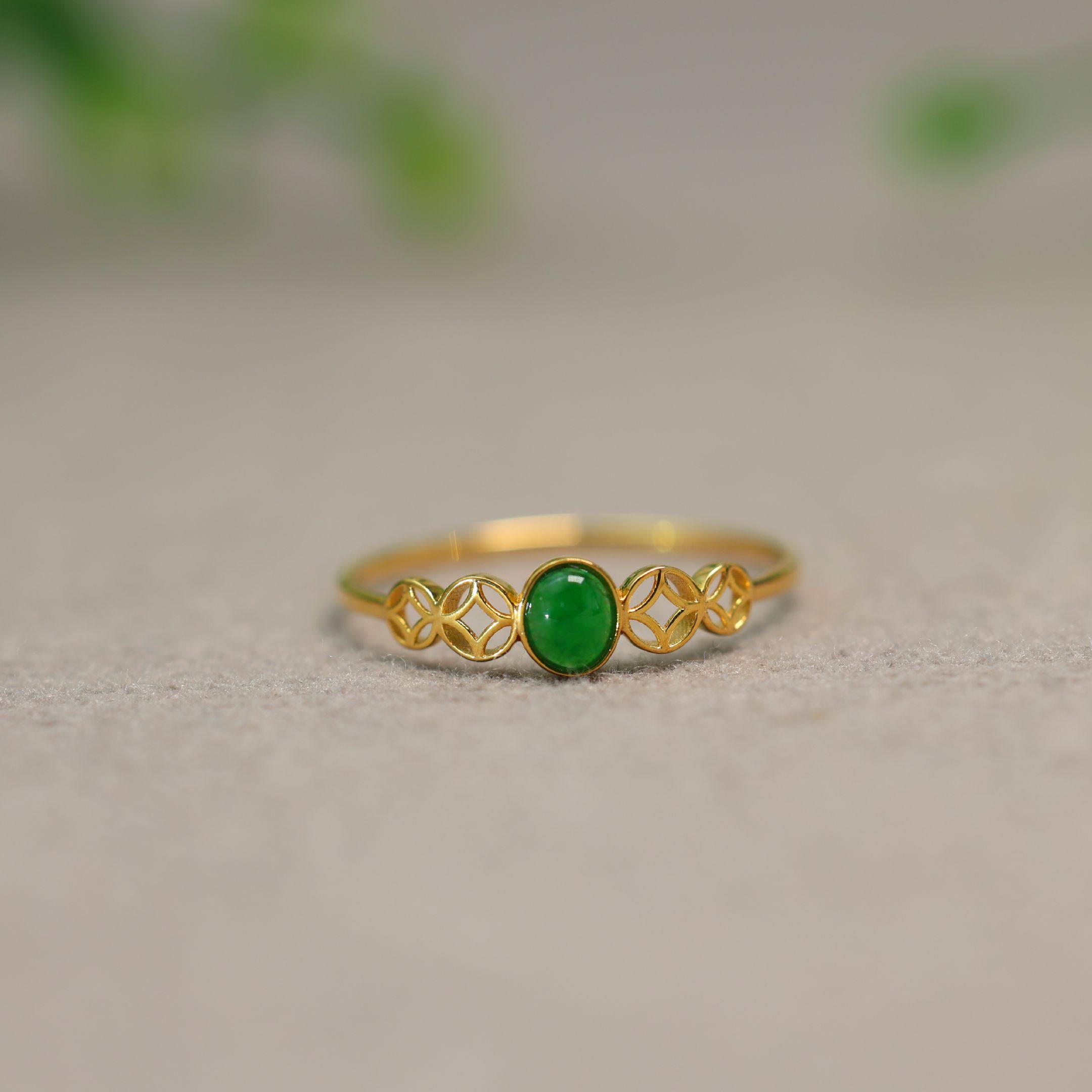 Full green natural grade A jadeite cabochon ring