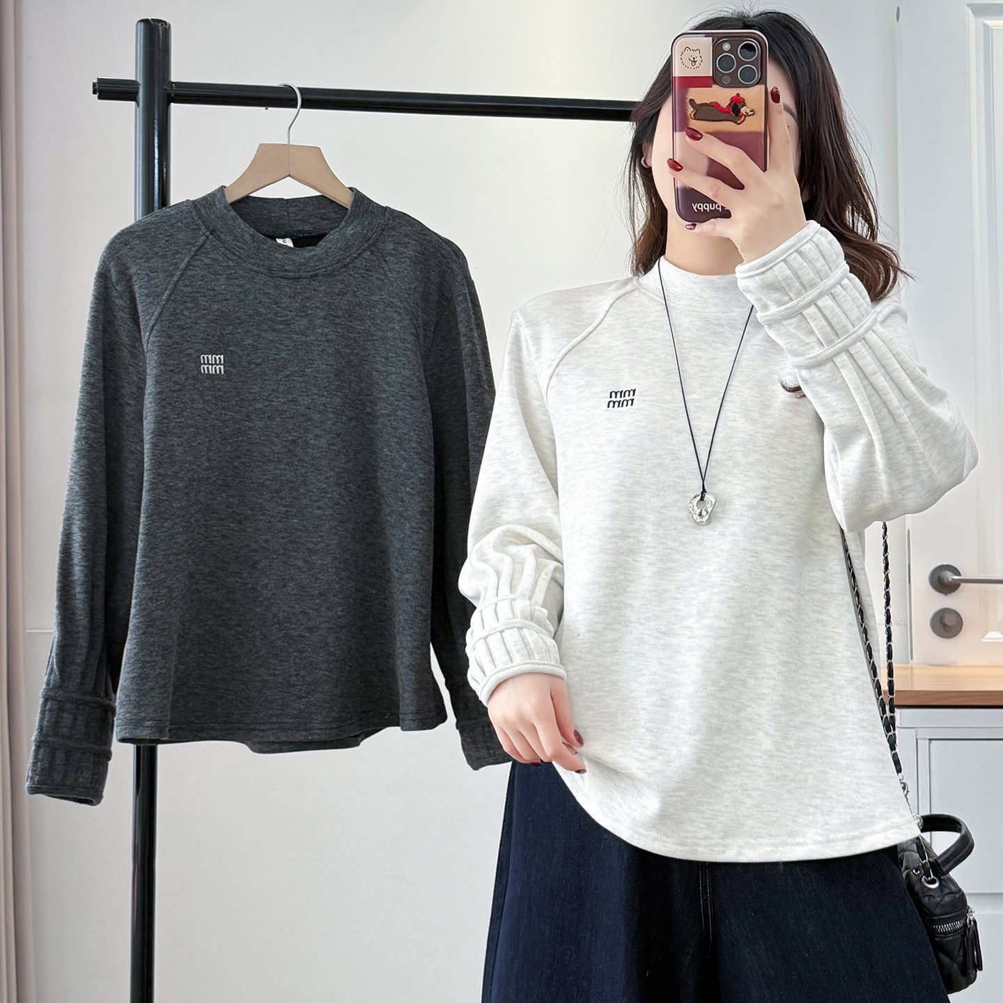 大码女装半高领加厚刺绣设计感打底衫200斤胖mm压褶收口袖绒衫韩,淘宝优惠券,粉丝福利购,淘宝优惠卷