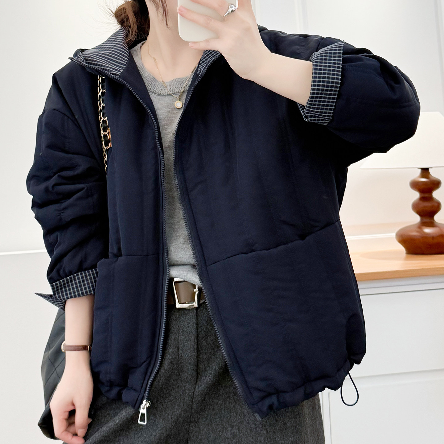 冬季大码连帽夹棉外套加厚保暖短款棉衣胖mm遮肉显瘦格纹夹克上衣,淘宝优惠券,粉丝福利购,淘宝优惠卷