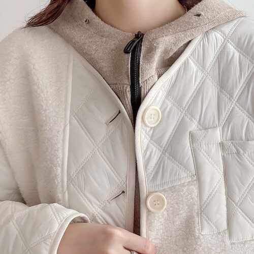 2026新款宽松休闲绗缝菱格夹棉棉衣200斤胖mm大码女装拼接棉服韩 - 图1