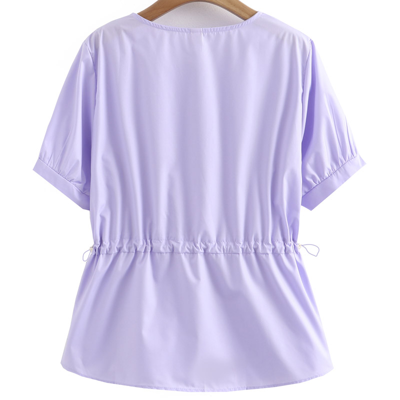 紫色短袖衬衫女2023夏季新款大码女装胖mm气质休闲高级感收腰衬衣 - 图0