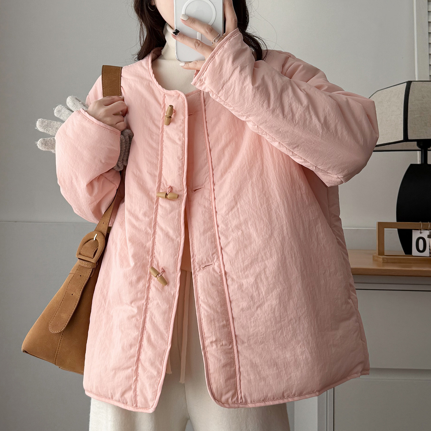 胖mm冬季牛角扣带围巾棉衣2025新款洋气别致保暖外套大码夹棉上衣,淘宝优惠券,粉丝福利购,淘宝优惠卷