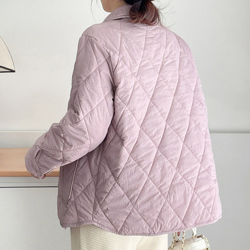 秋冬新款轻薄棉衣宽松显瘦遮肉保暖棉袄大码胖mm菱格翻领无帽外套 - 图2