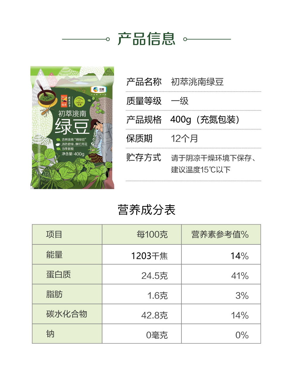 中粮初萃吉林洮南绿豆400g袋装五谷杂粮粗粮肉多皮薄酥烂夏季团购-图1