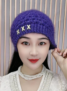 新款女秋冬保暖针织发带松鼠绒发饰绒线护耳柔软遮白发帽子毛线帽