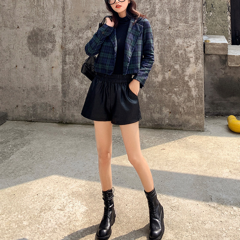 皮短裤2020新款秋冬季外穿阔腿皮裤 可兮女装休闲裤