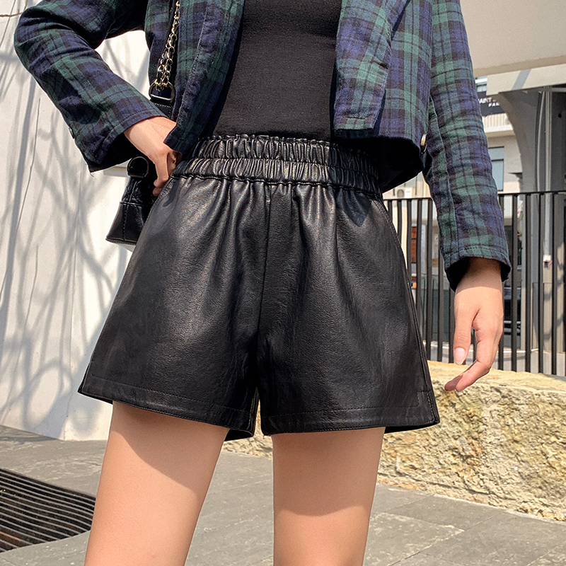 皮短裤2020新款秋冬季外穿阔腿皮裤 可兮女装休闲裤