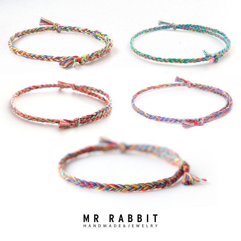 手工编制彩绳男女学生手绳简约韩版彩虹情侣编织手链宝宝亲子绳 - 图0