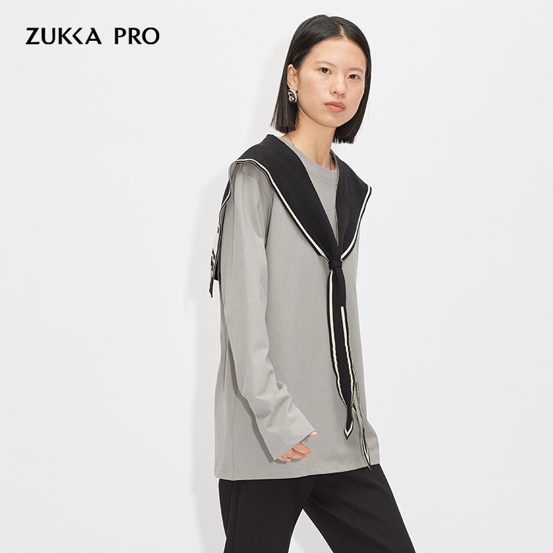 Zukka pro卓卡女装夏季新品宽松休闲100%纯棉长袖简约百搭T恤-图0