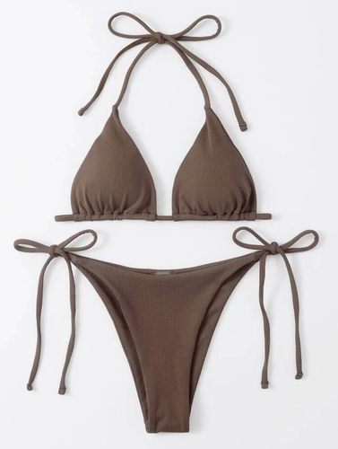 系带挂脖三点式比基尼纯色带胸垫三角包泳装欧美性感丁字裤bikini - 图0