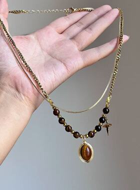 复古美拉德虎眼石双层项链女轻奢小众高级毛衣链新款秋冬颈链配饰