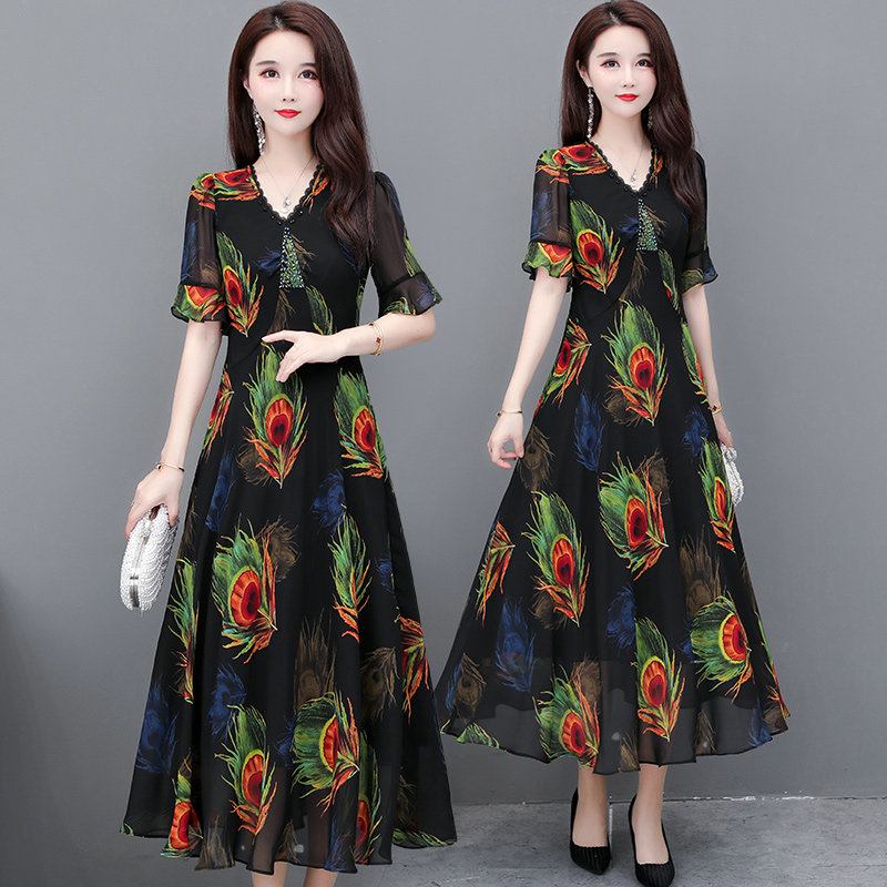 孔雀花雪纺长裙子2020夏季新款气质 帛莉图连衣裙