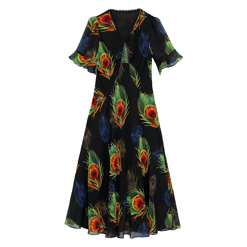 孔雀花雪纺长裙子2020夏季新款气质 帛莉图连衣裙