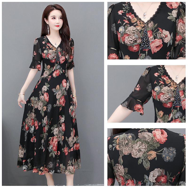 孔雀花雪纺长裙子2020夏季新款气质 帛莉图连衣裙