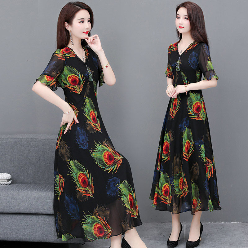 孔雀花雪纺长裙子2020夏季新款气质 帛莉图连衣裙