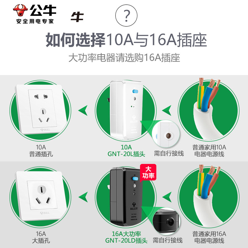 公牛防漏电保护器插头220V家用热水器10a/16a空调专用漏保带开关