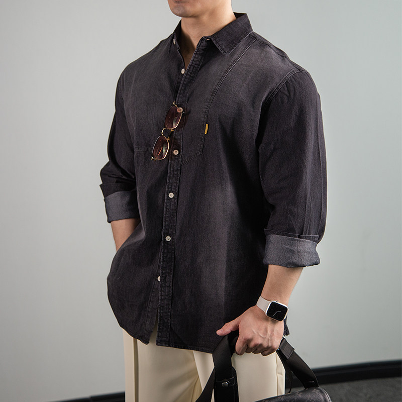 BARBRO牛仔衬衫男式2025秋季纯色男式休闲长袖衬衫男牛仔外套男士,淘宝优惠券,粉丝福利购,淘宝优惠卷