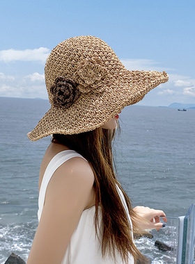 草帽女夏季沙滩帽子可折叠防晒大檐海边时尚度假太阳帽遮阳帽批发