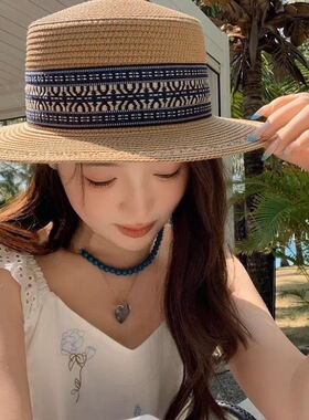 法式草编民族风海边沙滩帽夏季出游遮阳草帽防晒百搭平顶宽檐礼帽