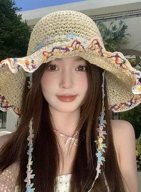 大帽檐草帽女夏季海边沙滩度假民族风草编渔夫帽遮阳防晒太阳帽子