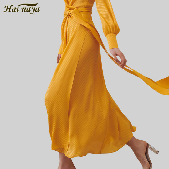 春秋新款高端气质连衣裙欧美系带慵懒风条纹长袖优雅显瘦度假长裙