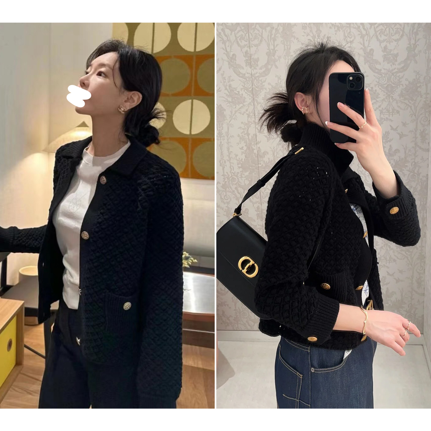 重磅~优雅气质黑金配 单排扣短款菱格针织开衫女翻领羊毛西装外套 - 图1