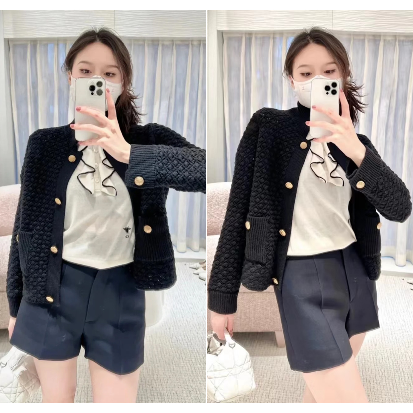 重磅~优雅气质黑金配 单排扣短款菱格针织开衫女翻领羊毛西装外套 - 图0