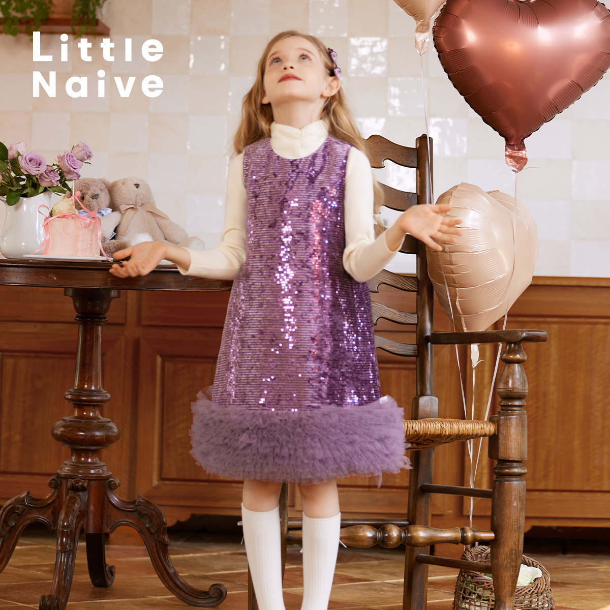 LittleNaive礼服女童夹棉背心裙春秋冬丝绒公主裙儿童珠片连衣裙,淘宝优惠券,粉丝福利购,淘宝优惠卷