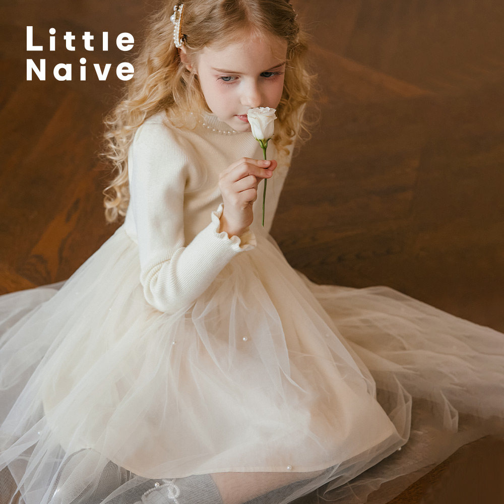 LittleNaive女童针织礼服裙秋冬新款珍珠领连衣裙儿童网纱公主裙,淘宝优惠券,粉丝福利购,淘宝优惠卷