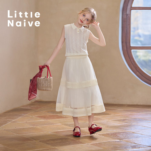 Little Naive女童拼接半身裙春夏新款花边半裙儿童百搭时髦纱裙 - 图3