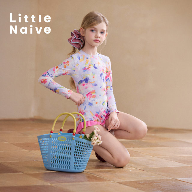 ຊຸດລອຍນ້ຳເດັກນ້ອຍ Little Naive's floral summer summer long-sleeved sun protection one-piece swimsuit girls high elastic swimsuit
