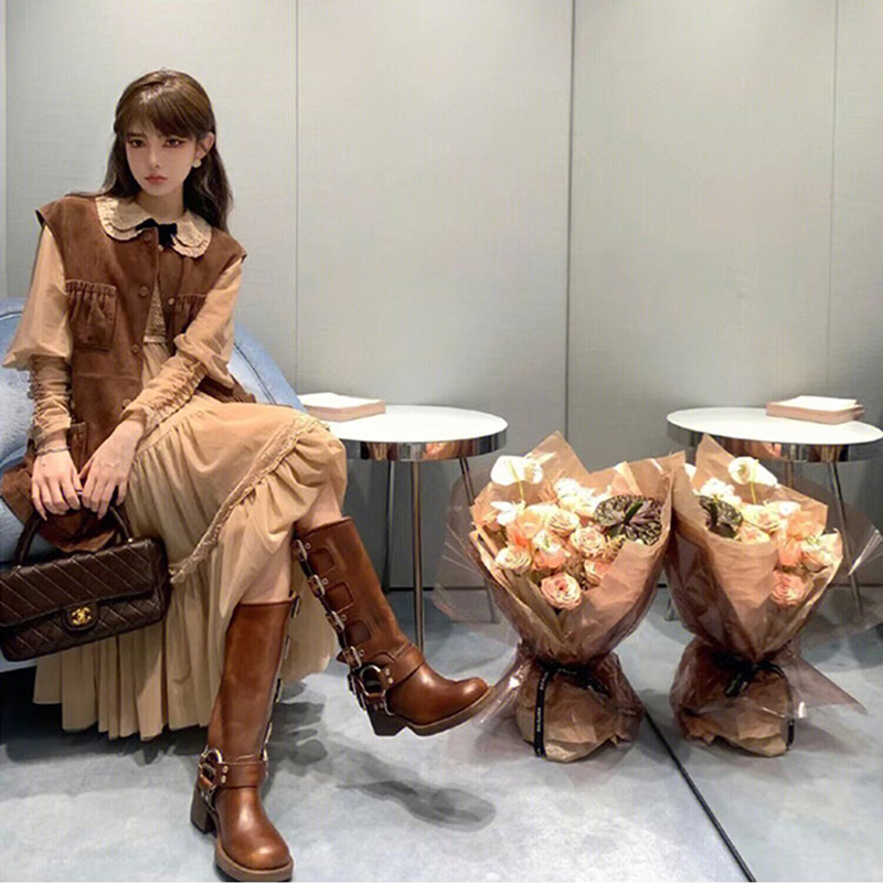 皮带扣粗跟棕色马丁靴女春夏复古不过膝长筒靴西部靴子骑士时装靴,淘宝优惠券,粉丝福利购,淘宝优惠卷