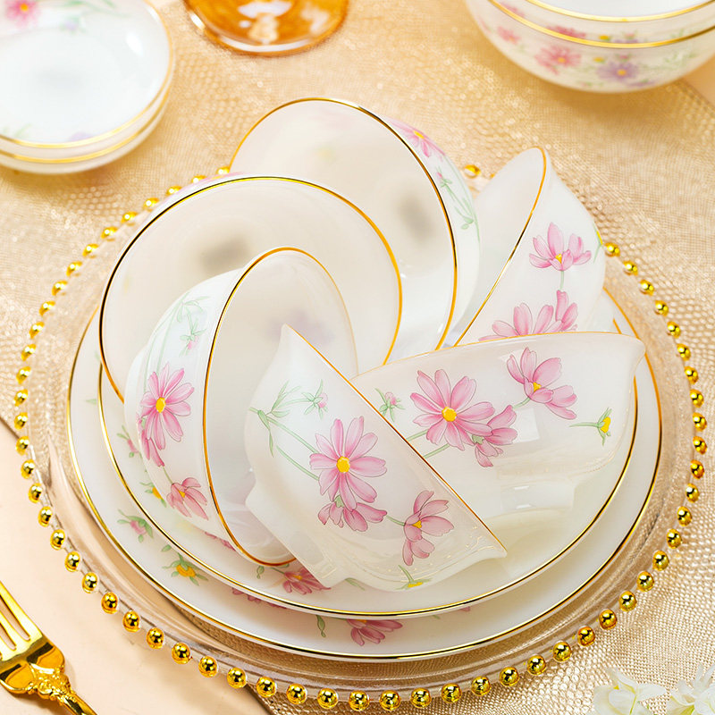 景德镇碗碟套装家用组合高档玉瓷描金小雏菊轻奢陶瓷碗盘碗筷餐具,淘宝优惠券,粉丝福利购,淘宝优惠卷