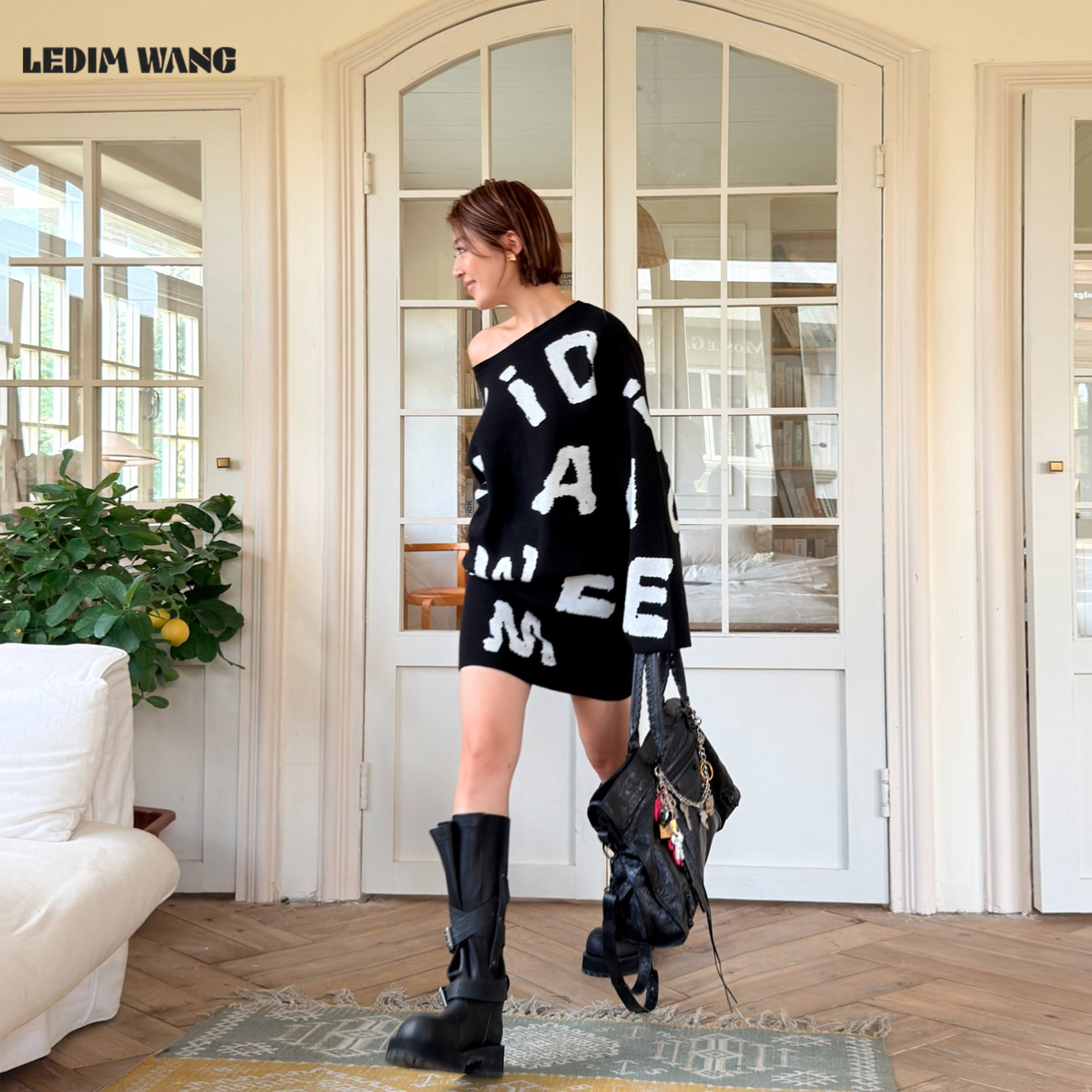 LEDIM WANG白标/提花毛织连衣裙女一字肩斜肩百搭短裙25秋冬新款,淘宝优惠券,粉丝福利购,淘宝优惠卷