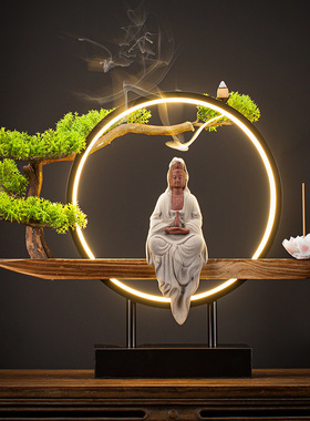 新中式禅意观音菩萨佛像陶瓷摆件倒流香炉玄关客厅供奉家居