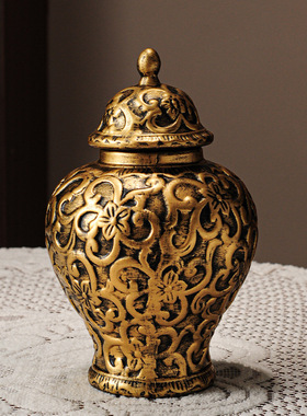 复古中古风金色陶瓷将军罐客厅玄关阳台装饰摆件鲜花干花插花