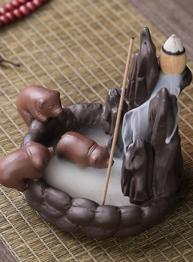 跨境紫砂倒流香炉高山流水小猪香薰炉室内檀香线香炉家用创意摆件